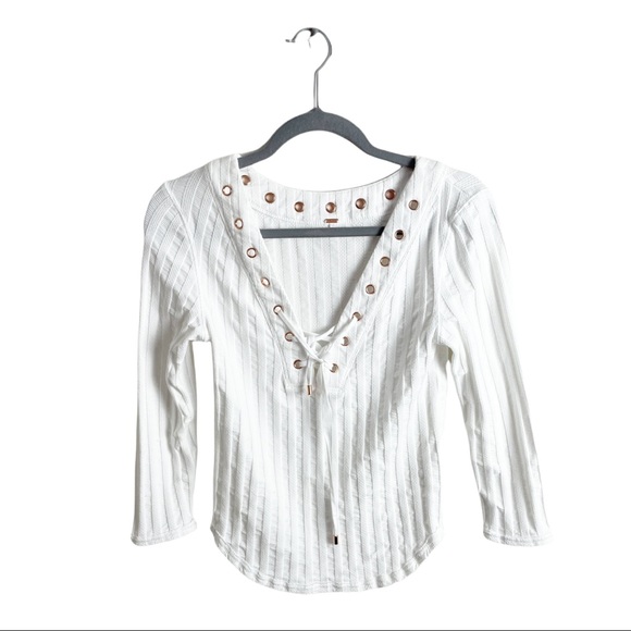 Free People Ice Cold Lace Up Ribbed Top White Size Medium - Picture 2 of 8
